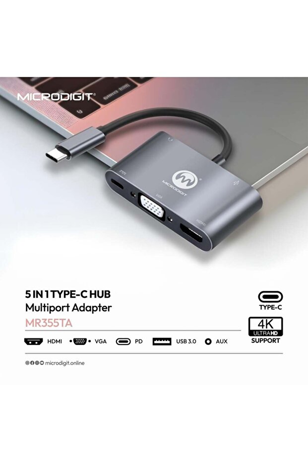 محول مايكرودجت TYPE-C HUB 4K 5 IN 1 - 3
