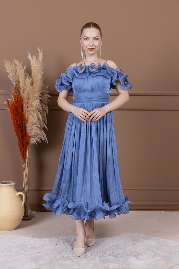 Chiffon Flounce Detailed Midi Dress - Indigo Blue