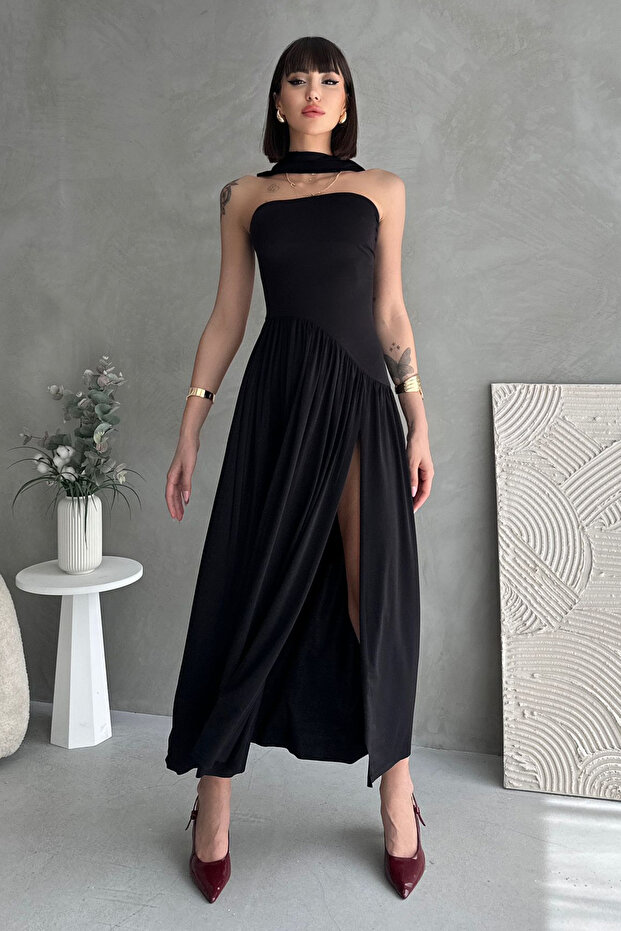 Siyah A Kesim Şal Detaylı Straplez Maxi Şık Abiye Gece Mezuniyet Elbisesi TPRSS25EL00317 - 3