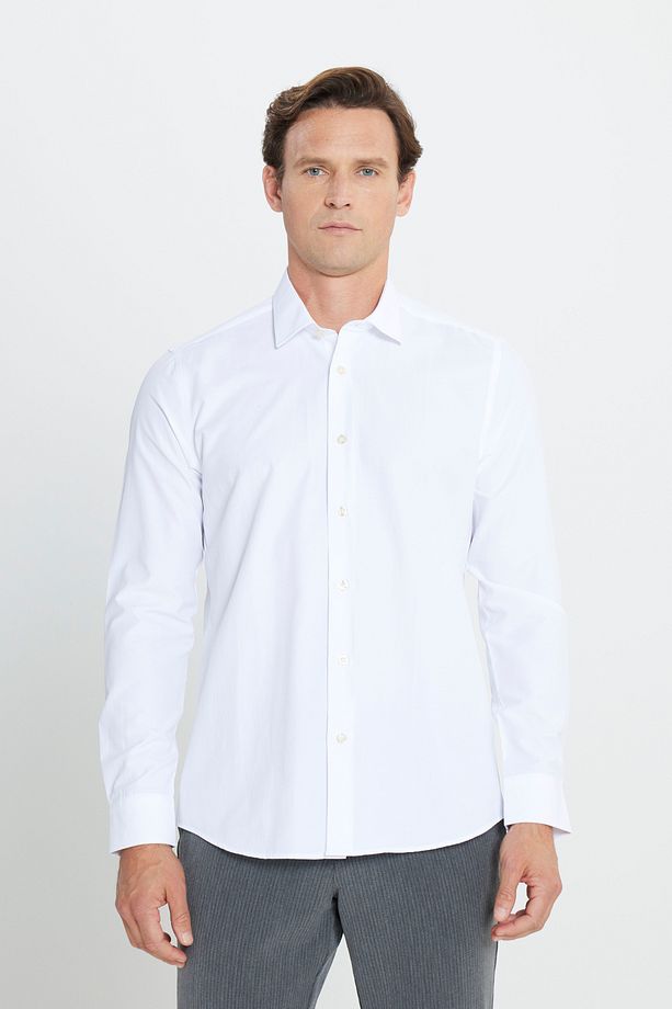 Erkek Beyaz Ütülemesi Kolay Non-Iron Pamuklu Slim Fit Dar Kesim Klasik Yaka Gömlek - 8