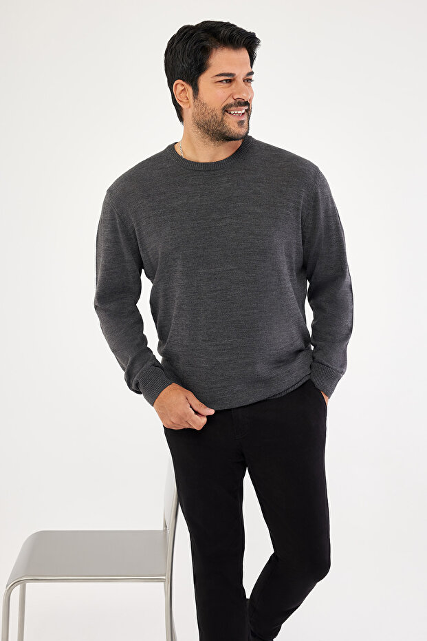 Erkek Antrasit-melanj Standart Fit Normal Kesim Bisiklet Yaka Triko Kazak - 1