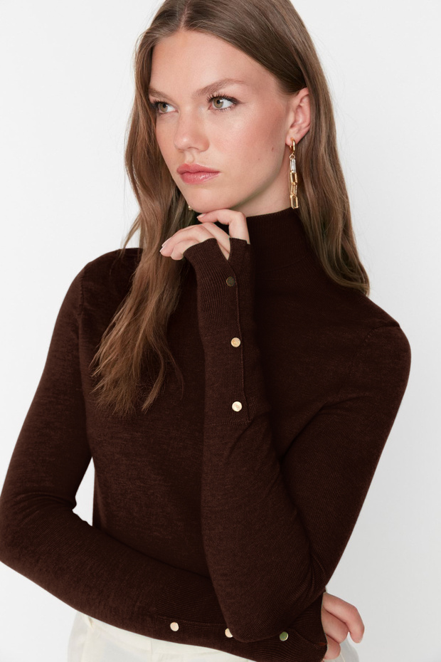 Brauner Mercerized-Look Premium-Garn / Spezialgarn Basic-Strickpullover TWOAW23KZ01514 - 1