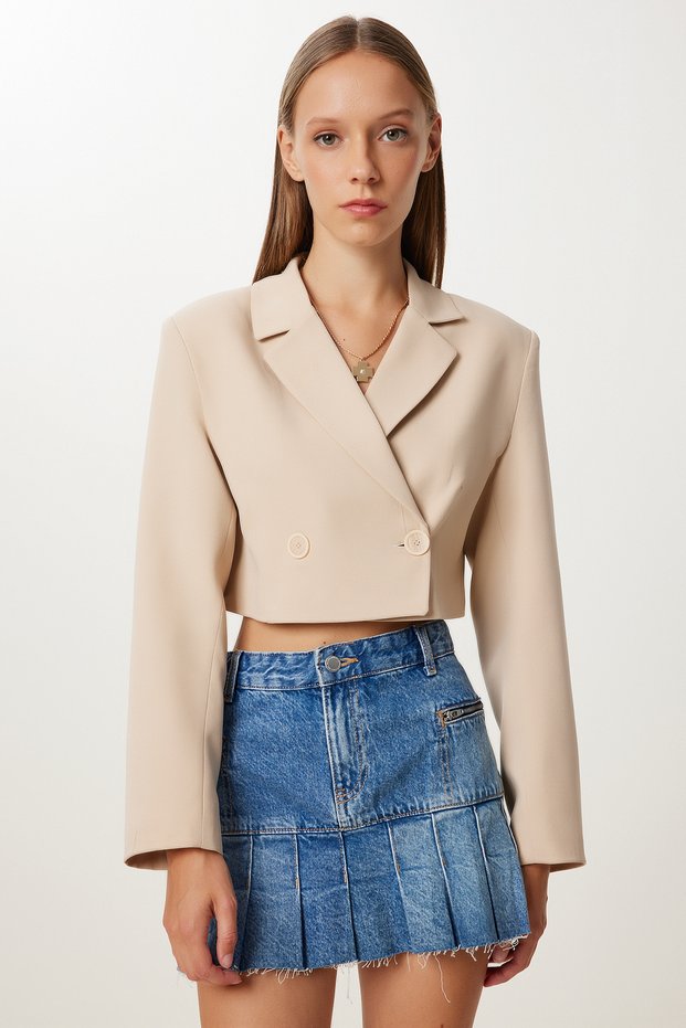 Women's Dark Cream Padded Crop Woven Jacket Kt00019