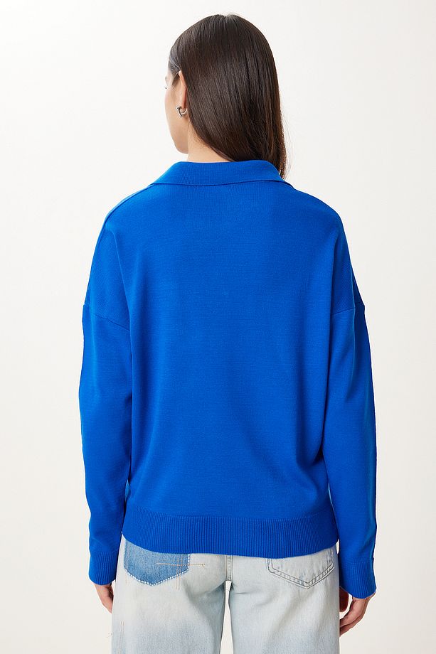 Kadın Mavi Polo Yaka Basic Kazak bv00094 - 5