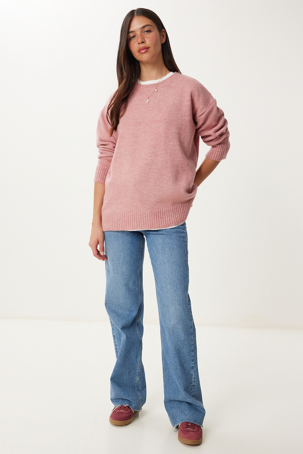 Damski sweter oversize z dzianiny w kolorze różowym, średni PN00054 - 5