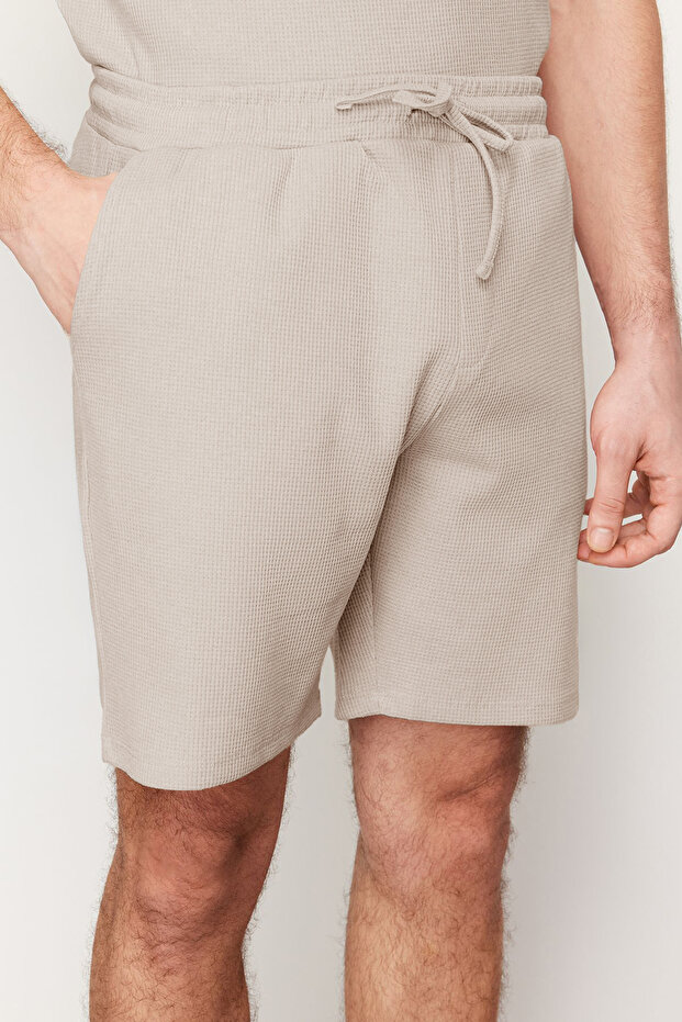 Béžová souprava tlustého pyžama s vaflovým úpletem a šortkami Regular Fit TMNSS23PT00036 - 6
