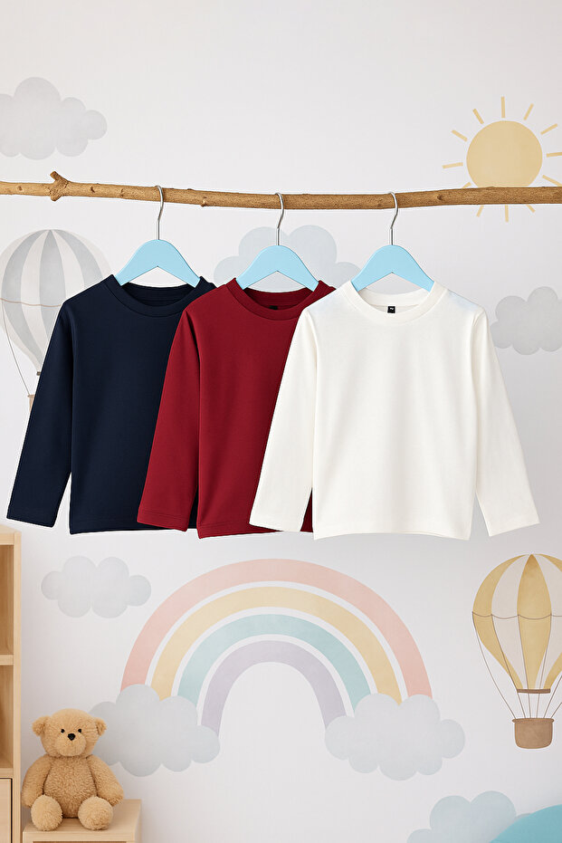 Lacivert-Bordo-Ekru 100% Pamuk 3'lü Düz/Basic Regular Unisex Çocuk Örme Okul T-Shirt TKDAW26TS00004 - 9