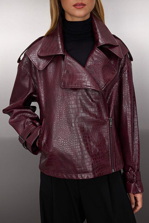 Bordo Regular Kalıp Suni Deri Biker İnce Ceket Mont TWOAW26MO00003 - 3