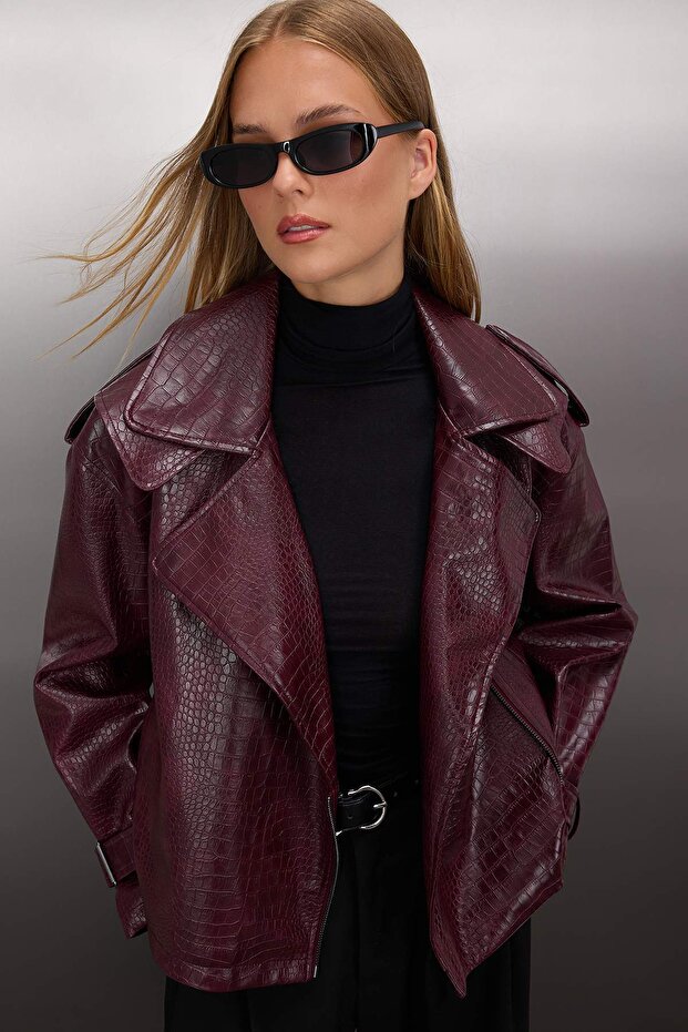 Bordo Regular Kalıp Suni Deri Biker İnce Ceket Mont TWOAW26MO00003 - 1