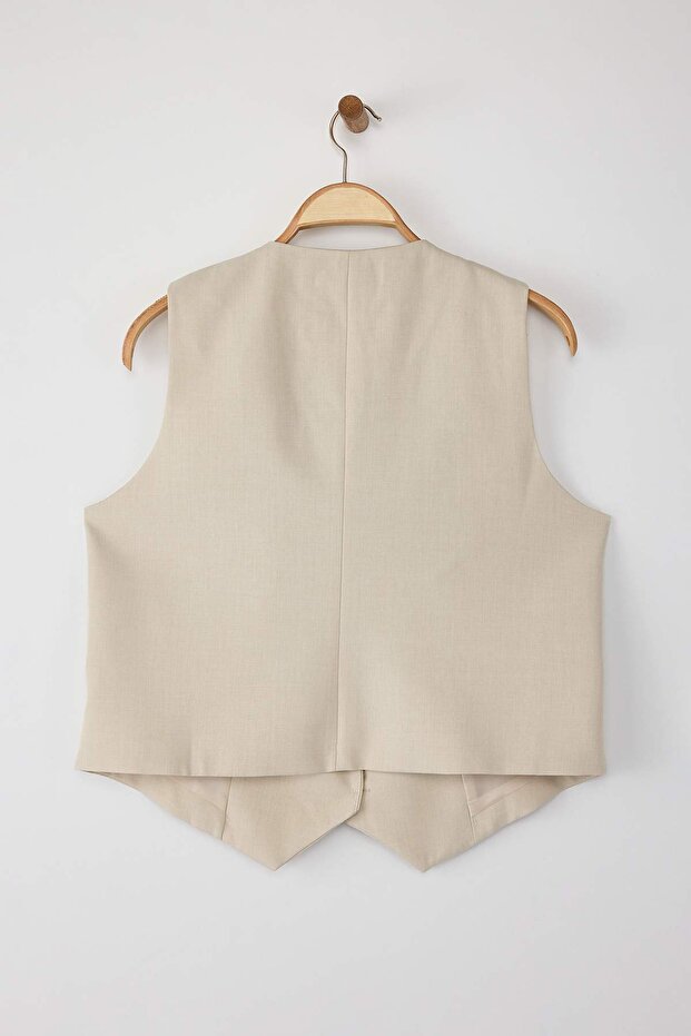 Taş Fitted Crop Düğmeli Dokuma Büyük Beden Yelek TBBSS24BH00003 - 7