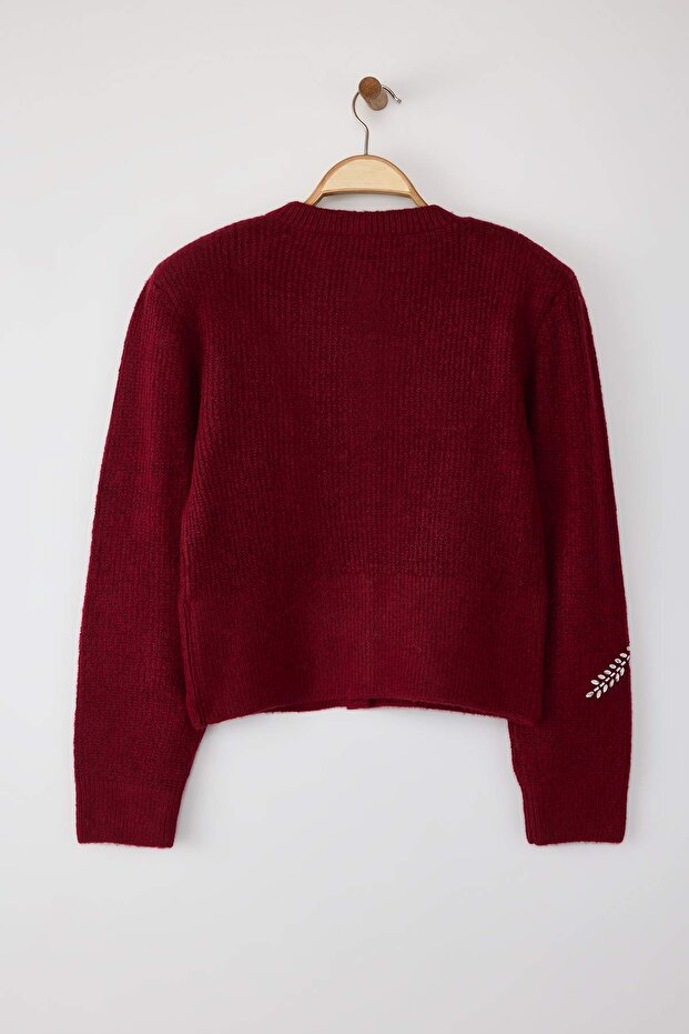 Bordo Yumuşak Dokulu Taş İşlemeli Triko Hırka TWOAW26HI00063 - 7