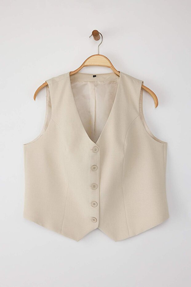 Taş Fitted Crop Düğmeli Dokuma Büyük Beden Yelek TBBSS24BH00003 - 5
