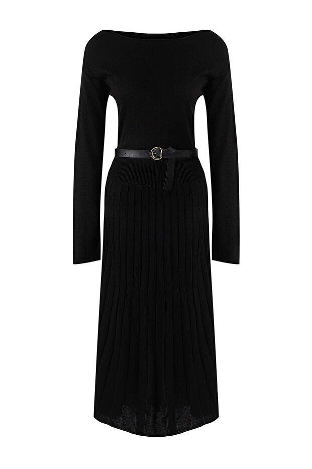 Černé A-line Maxi šaty s lodičkovým výstřihem a páskem TWOAW26EL00013 - 5