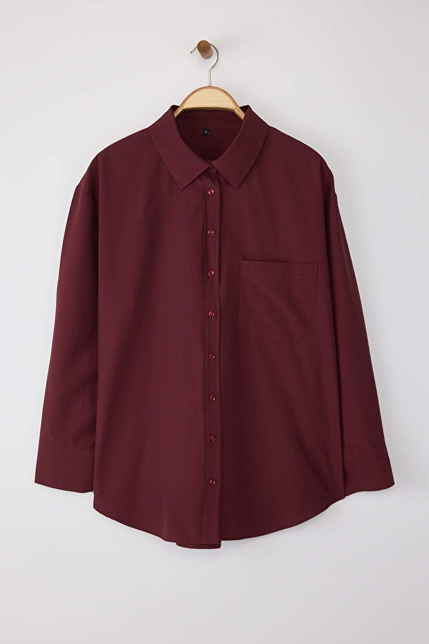 Koyu Bordo Loose Fit Pamuklu Uzun Kol Büyük Beden Dokuma Gömlek TBBSS22GO0323 - 5