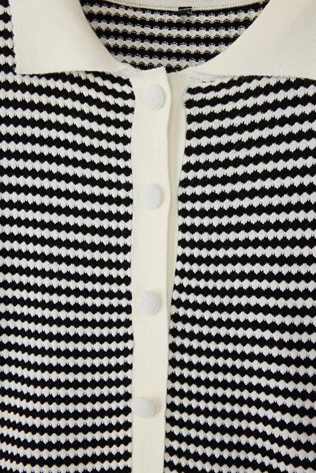 Siyah-Krem Polo Yaka Çizgili Mevsimlik Triko Bluz TBBSS25AF00115 - 6