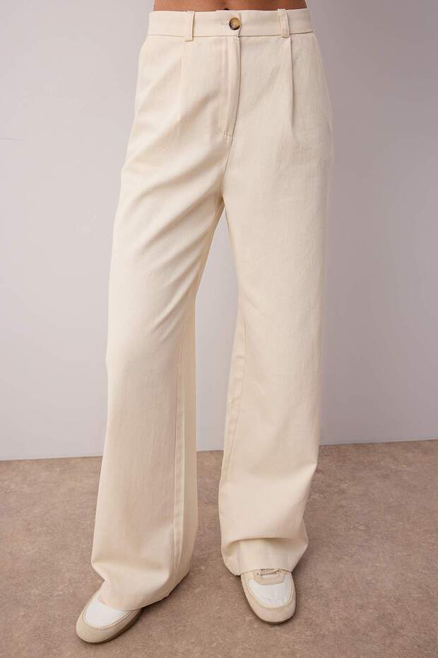 Ekru Gabardin Pamuklu Yelek Geniş Paça Pantolon Dokuma Alt - Üst Takım TWOSS25AU00112 - 3