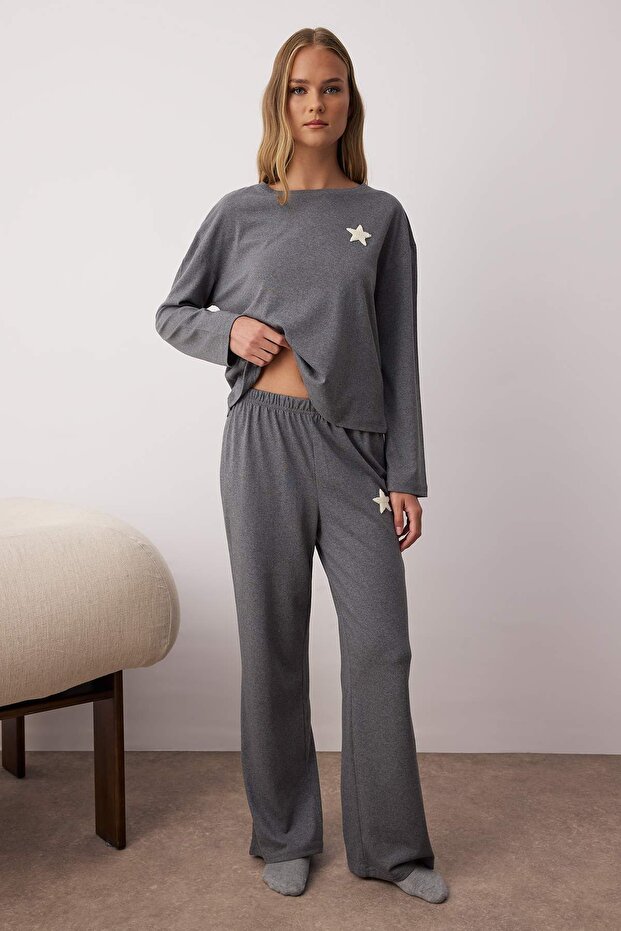 Antrasit Pamuklu Yıldız Nakışlı Örme Pijama Takımı THMAW26PT00012 - 4
