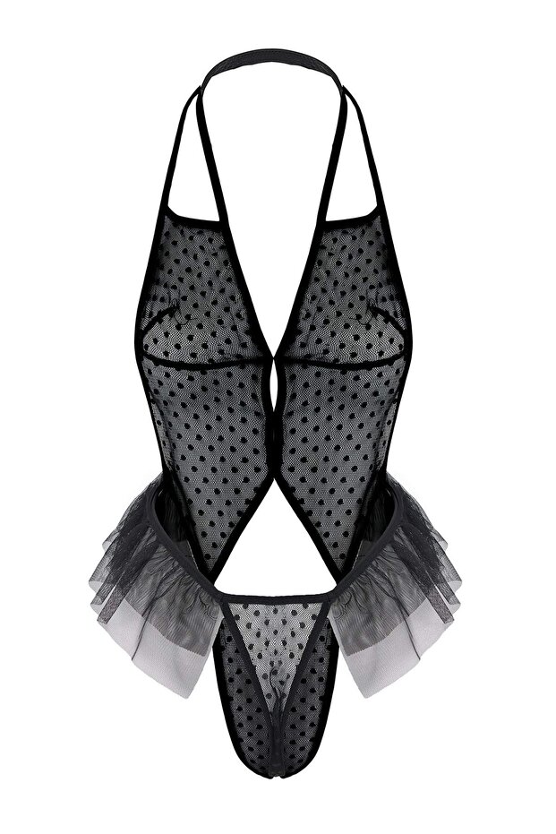 Siyah Tül Puantiyeli Pencere/Cut Out ve Volan Detaylı Kapsız Askılı Örme Fantezi Body THMAW26BD00005 - 6