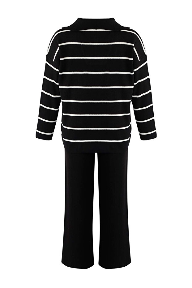 Siyah Çizgili Fermuarlı Oversize/Geniş Kalıp Triko Alt-Üst Takım TBBAW26CP00003 - 7