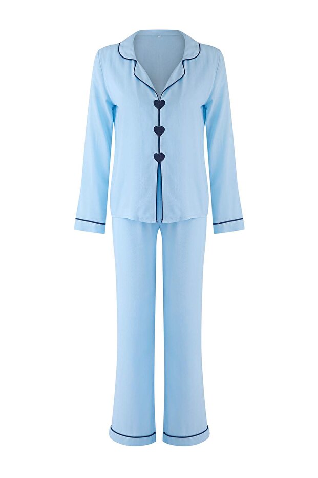 Açık Mavi Kalp Nakışlı Biyeli Viskon Dokuma Pijama Takımı THMAW25PT00179 - 6
