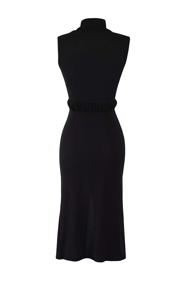 Siyah Fitted/ Vücuda Oturan Kolsuz Drape Detaylı Kemerli Midi Esnek Örme Kalem Elbise TWOSS22EL0756 - 7