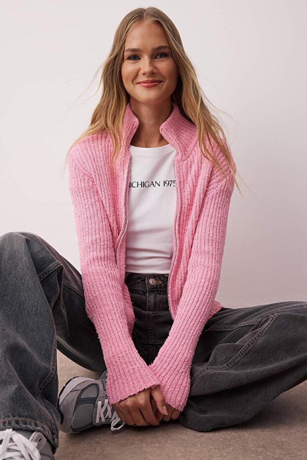 Wardrobe Essentials Pembe Fermuarlı Dik Yaka Yumuşak Dokulu Pamuklu Triko Hırka TWOAW26HI00088 - 1