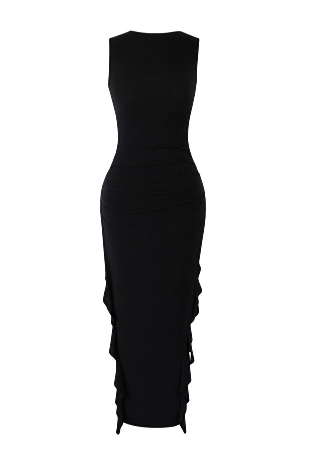 Siyah Bodycone Sıfır Kol Yırtmaçlı Fırfır Detaylı Esnek Kalın Sandy Maxi Kalem Elbise TWOSS24EL00688 - 7