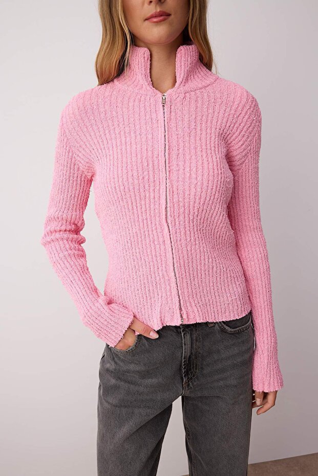 Wardrobe Essentials Pembe Fermuarlı Dik Yaka Yumuşak Dokulu Pamuklu Triko Hırka TWOAW26HI00088 - 3