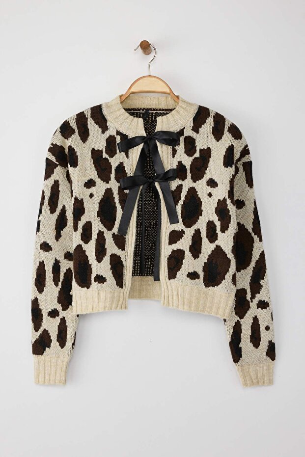 Taş Leopar Desenli Crop Yumuşak Dokulu Triko Hırka TWOAW25HI00355 - 6