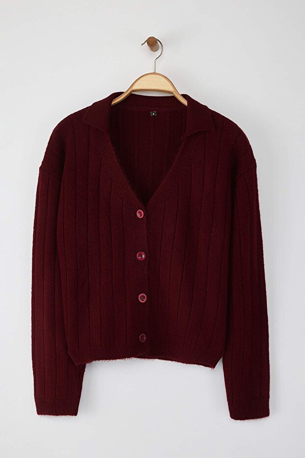 Bordo Yünlü Basic Polo Yaka Triko Hırka | TWOAW26HI00084 - 5