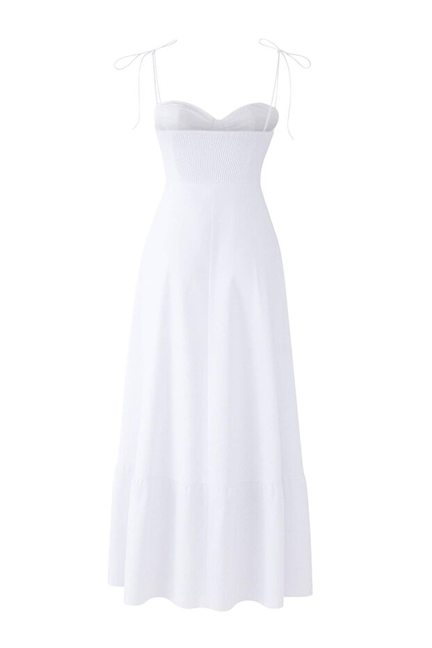Beyaz Belden Açılan Drape Detaylı Askılı Dokuma Maxi Elbise TWOSS24EL01128 - 11