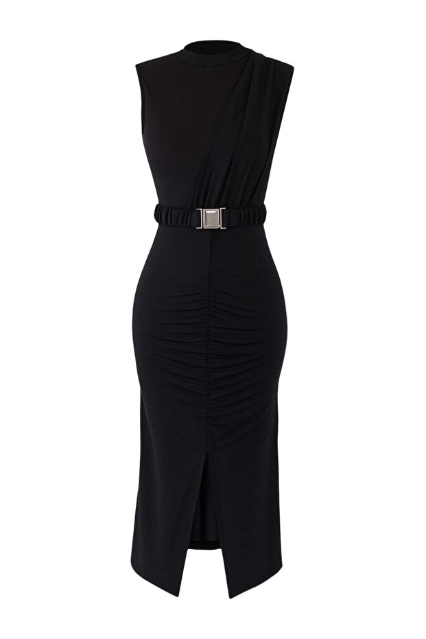 Siyah Fitted/ Vücuda Oturan Kolsuz Drape Detaylı Kemerli Midi Esnek Örme Kalem Elbise TWOSS22EL0756 - 6