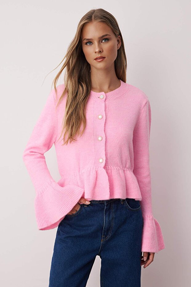 Pembe Yumuşak Dokulu Peplum Triko Hırka TWOAW26HI00114