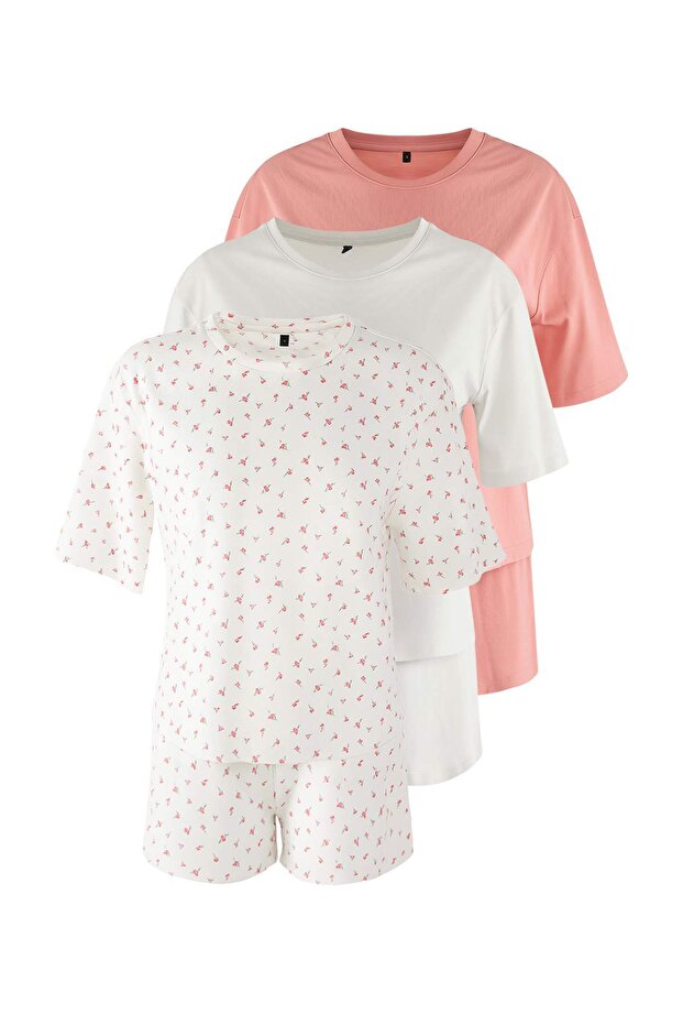Çok Renkli 3'lü %100 Pamuklu Çiçekli Şortlu Örme Pijama Takımı THMSS25PT00419 - 8