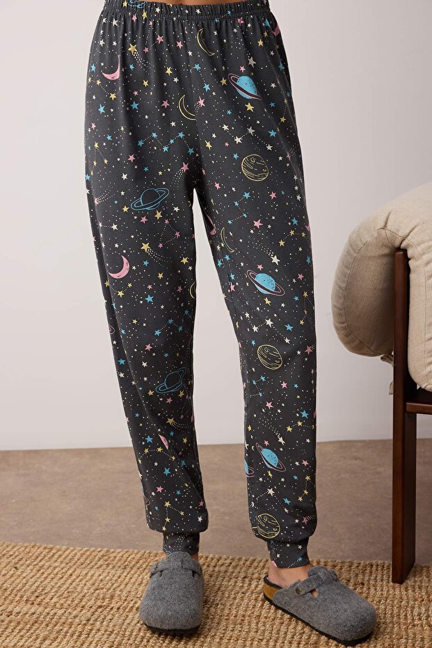 Antrasit %100 Pamuklu Galaksi Desenli Örme Pijama Takımı THMAW21PT0794 - 3