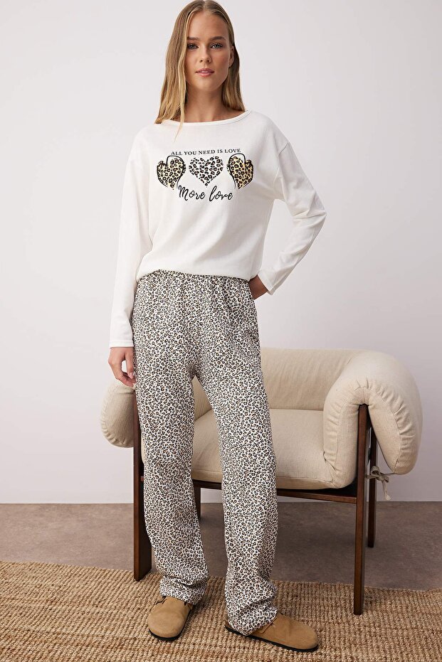 Çok Renkli Pamuklu Leopar Desenli Kalpli Uyku Bantlı Örme Pijama Takımı THMAW25PT00223 - 1