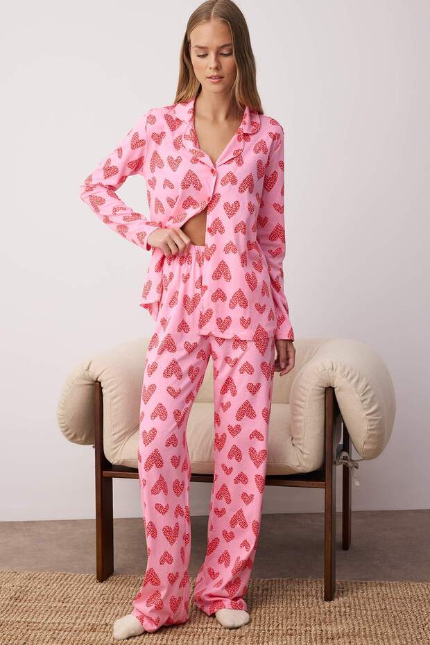 Pembe %100 Pamuklu Leopar Kalpli Örme Pijama Takımı THMAW25PT00142 - 1