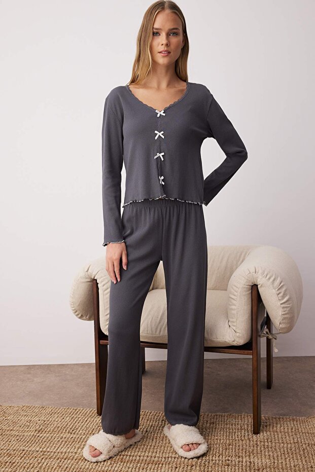 Komplet piżamowy z prążkowanej dzianiny - antracyt, bawełna, koronka i kokarda Thmaw25Pt00206 - 2