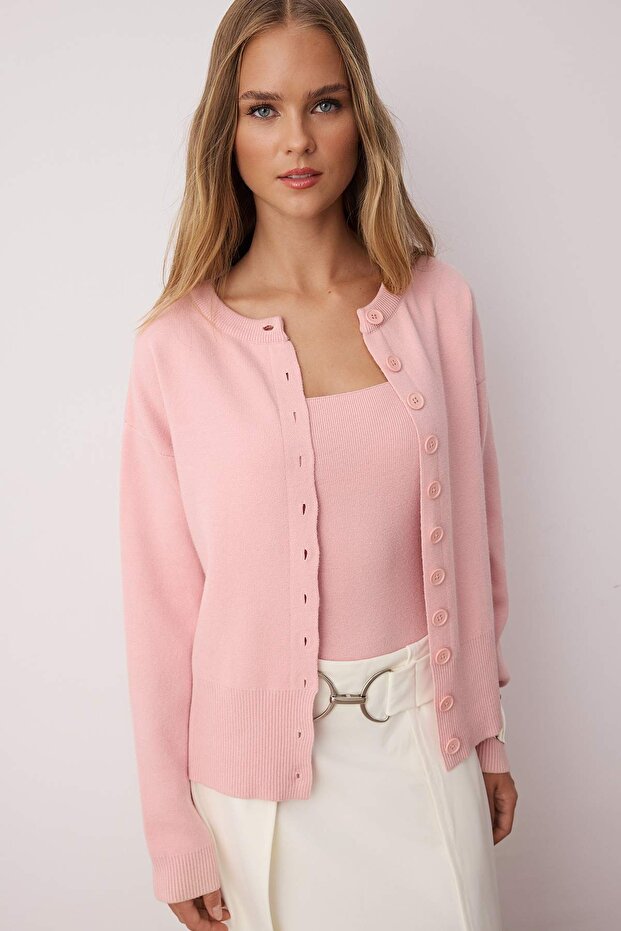 Różowy, 2-pak, zestaw: sweter kardigan-bluzka z włóczki premium/specjalnej z okrągłym dekoltem TWOAW26HI00124 - 1