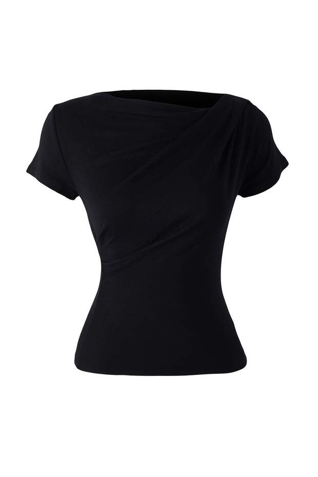 Siyah Büzgü/Drape Detaylı Fitted/Vücuda Oturan Örme Bluz TWOSS25BZ00278 - 5