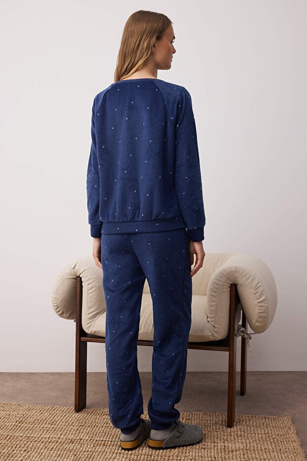 Lacivert Puantiyeli Polar Kışlık Örme Pijama Takımı THMAW24PT00032 - 4