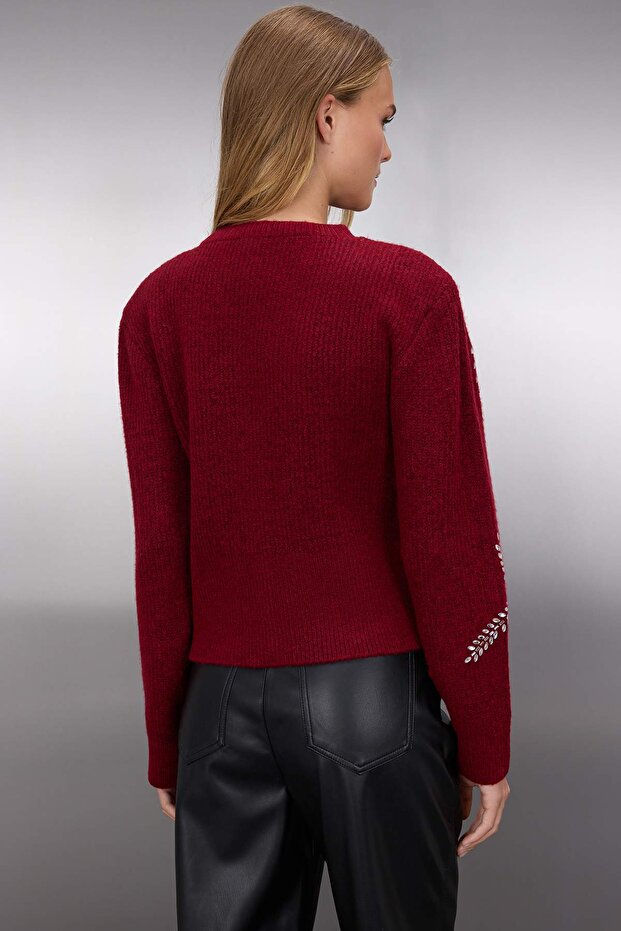 Bordo Yumuşak Dokulu Taş İşlemeli Triko Hırka TWOAW26HI00063 - 4