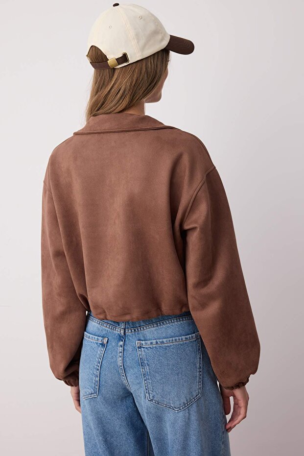 Dark Brown Straight Zipper Unlined Regular/Regular Fit Knitted Suede Jacket Twoaw26Ce00011 - 4