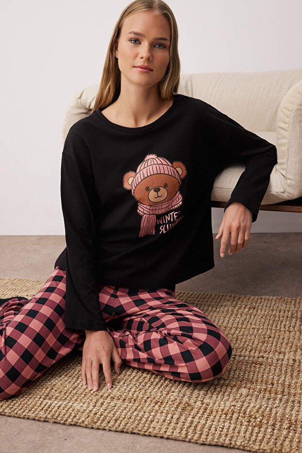 Siyah %100 Pamuklu Ayıcıklı Ekoseli Örme Pijama Takımı THMAW25PT00088 - 2