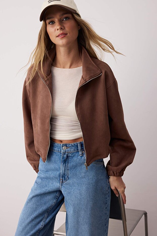 Dark Brown Straight Zipper Unlined Regular/Regular Fit Knitted Suede Jacket Twoaw26Ce00011 - 1