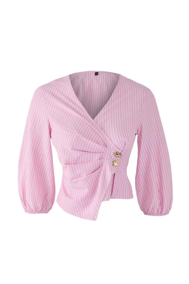 Pembe Kruvaze Çizgili Dokuma Bluz TWOSS25BZ00170 - 6