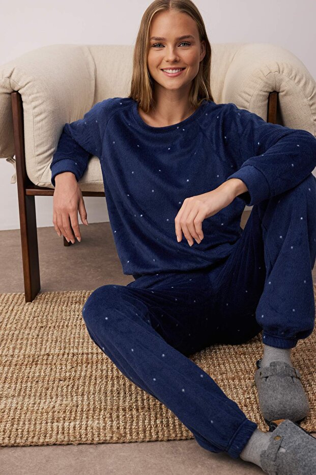 Lacivert Puantiyeli Polar Kışlık Örme Pijama Takımı THMAW24PT00032 - 2