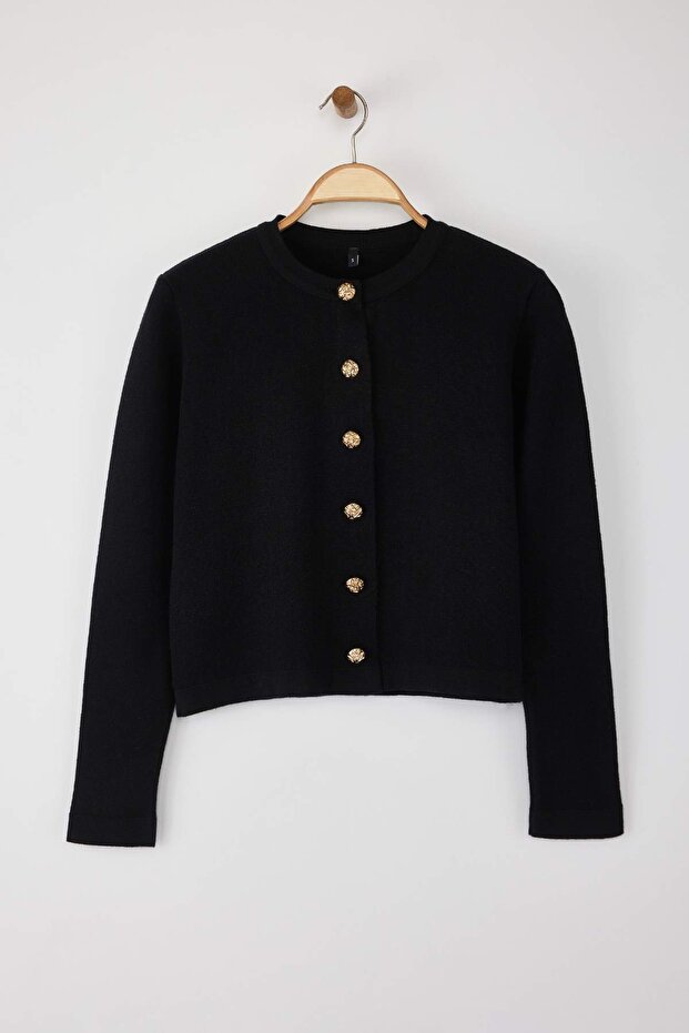 Wardrobe Essentials Siyah Düğme Detaylı Crop Premium/Özel İplik Triko Hırka | TWOAW26HI00094 - 5