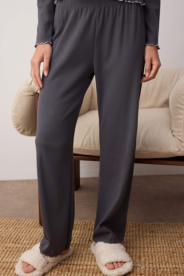 Komplet piżamowy z prążkowanej dzianiny - antracyt, bawełna, koronka i kokarda Thmaw25Pt00206 - 3