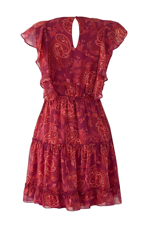 Bordo Etnik Desenli Belden Açılan Fırfırlı Mini Şifon Astarlı Dokuma Elbise TWOSS24EL00745 - 6